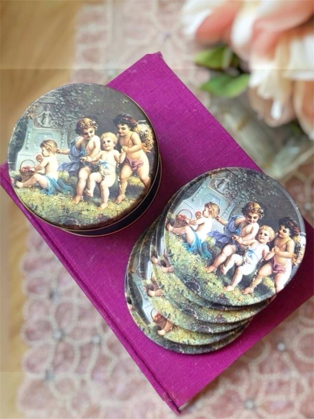 Vintage Cherub Coasters Tin Set 1995 Trippie’s Victorian Cottagecore Decor - Picture 1 of 7